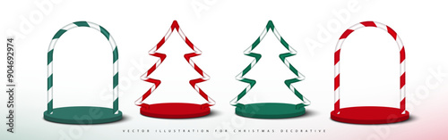 Set of Christmas decorations design with Arch and Tree shape on empty base stand on white background. Collection of Red, Green Colors for Xmas Holiday Decorative. Vector illustration.