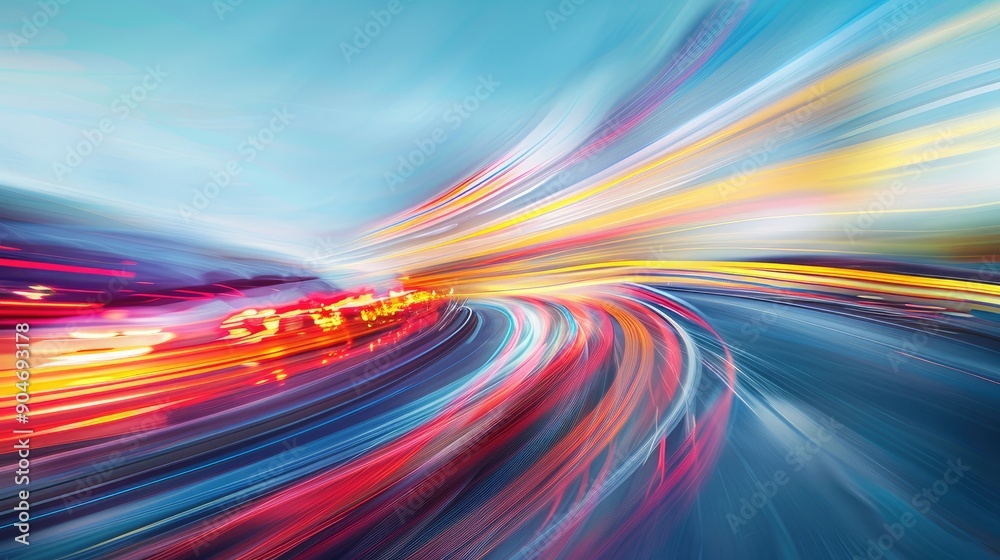 A modern abstract depiction of high-speed movement, showcasing vibrant streaks of red, yellow, and blue against a soft blue background. A modern abstract depiction of high-speed movement, showcasing vibrant streaks of red, yellow, and blue against a soft blue background.