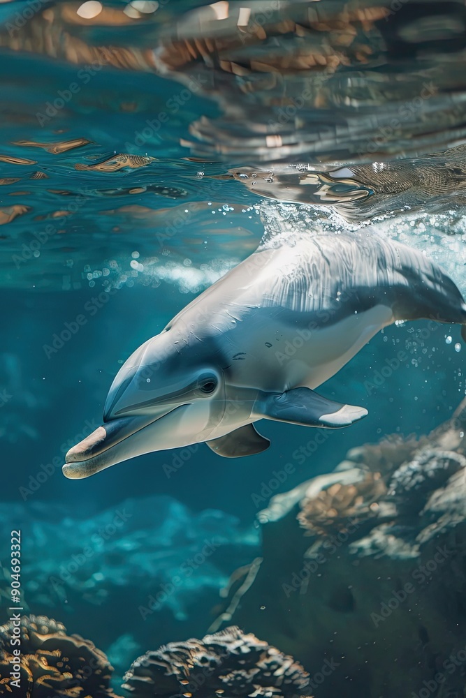 Fototapeta premium Underwater Portrait of a Dolphin Swimming Through Blue Water