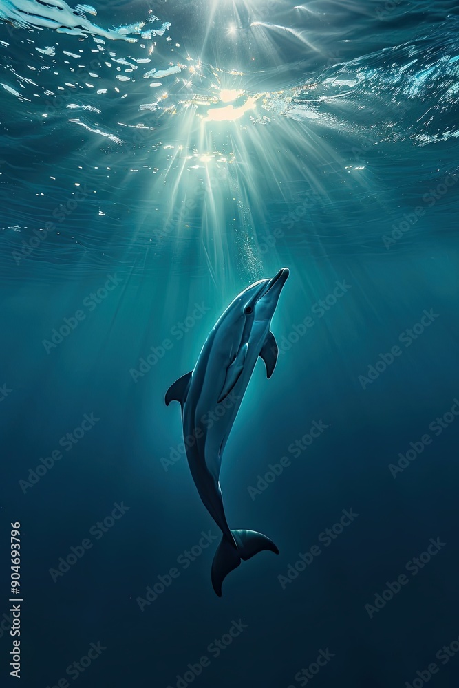 Obraz premium Dolphin swimming towards sunlight in blue ocean water