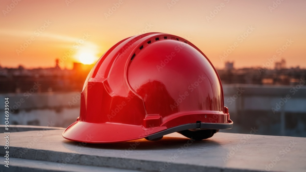 red hard hat placed on construction site at sunset with construction site background, safety first concept red hard hat placed on construction site at sunset with construction site background, safety first concept