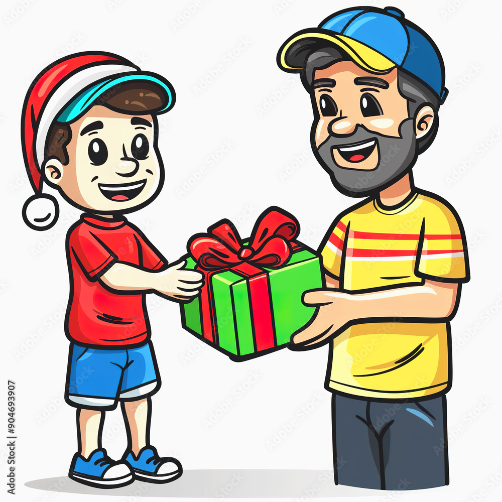 Boy Giving Gift to Man with Beard Boy Giving Gift to Man with Beard