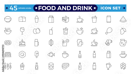 Food icon collection. Containing meal, restaurant, dishes and fruits icon. Set of outline icons related to food and drink. Editable stroke outline icon.
