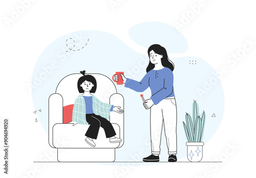 Mother with sick child. Woman giving mug with hot drink and thermometer to girl. Mother care about daughter. Healthcare and treatment. Linear vector illustration