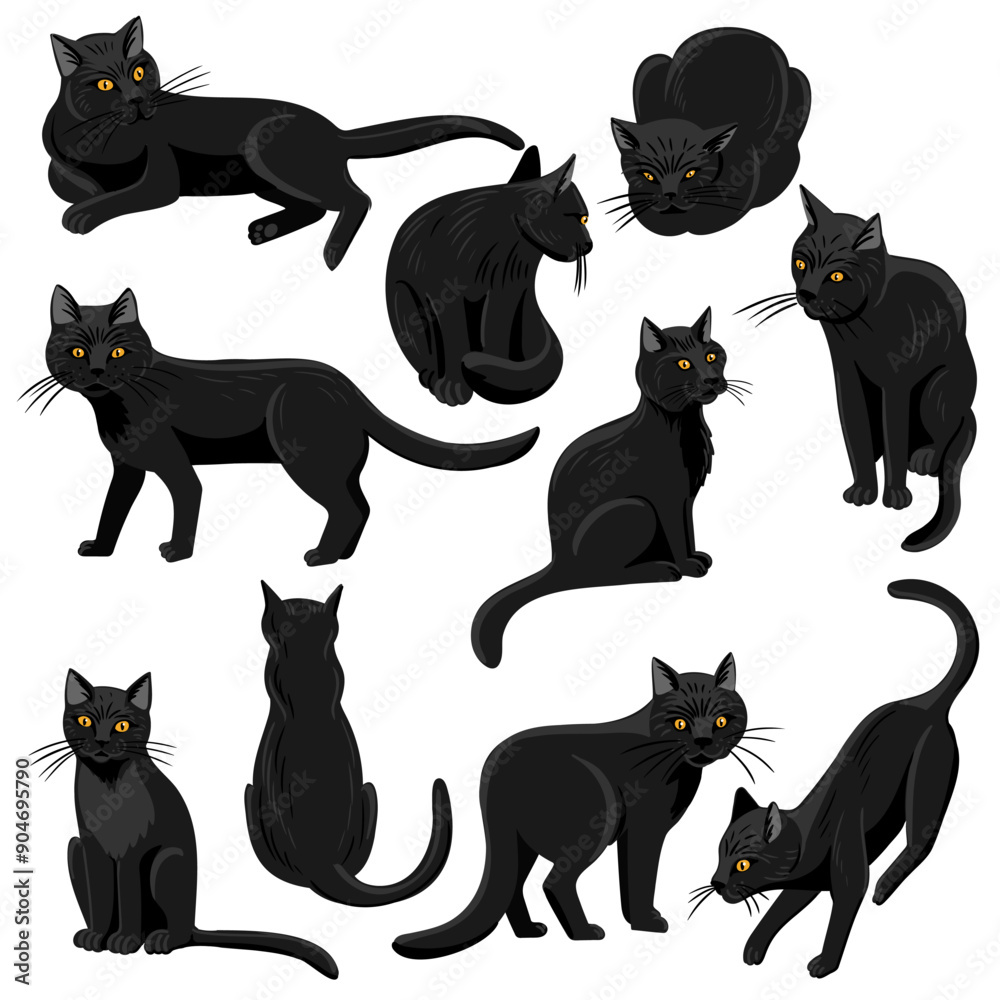 vector drawing black cats with yellow eyes isolated at white background, hand drawn illustration vector drawing black cats with yellow eyes isolated at white background, hand drawn illustration