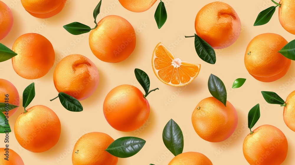 Oranges with Leaves on Light Orange Background