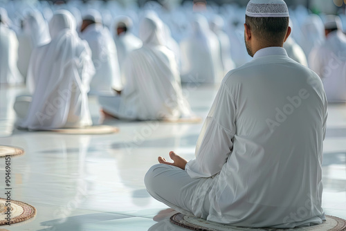 Muslim pilgrims in white traditional clothes praying at Kaaba in Makkah photo