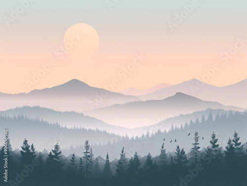 a landscape of mountains and trees