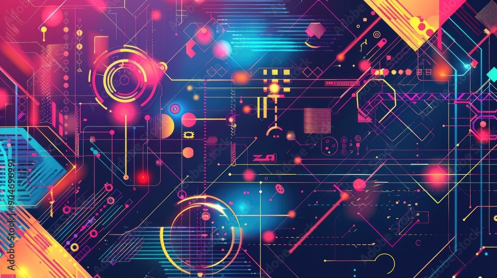 Brightly colored abstract geometric shapes interspersed with data symbols, creating a visually striking and modern design. Brightly colored abstract geometric shapes interspersed with data symbols, creating a visually striking and modern design.