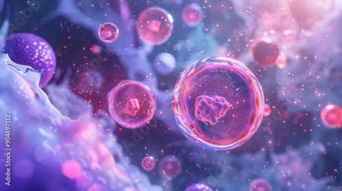 Vibrant depiction of cells under microscope, highlighting biotechnology themes and scientific discoveries.
