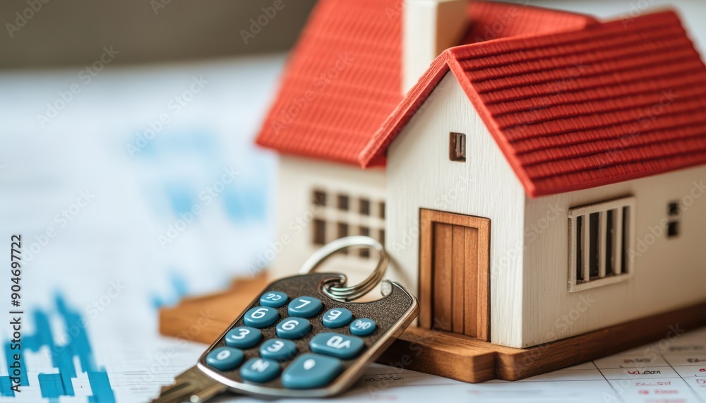 Calculator and house keychain with financial portfolio charts, House, Portfolio Investment Calculator and house keychain with financial portfolio charts, House, Portfolio Investment