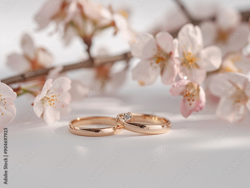 a pair of gold rings with diamonds on a white surface next to flowers a pair of gold rings with diamonds on a white surface next to flowers
