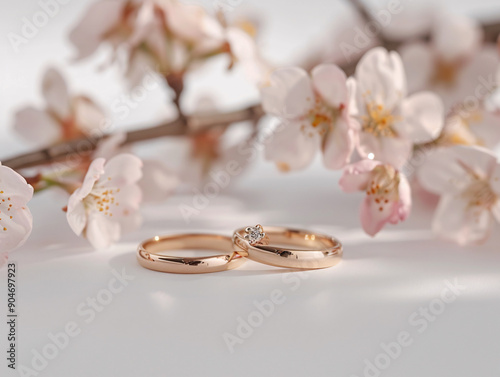 a pair of gold rings with diamonds on a white surface next to flowers