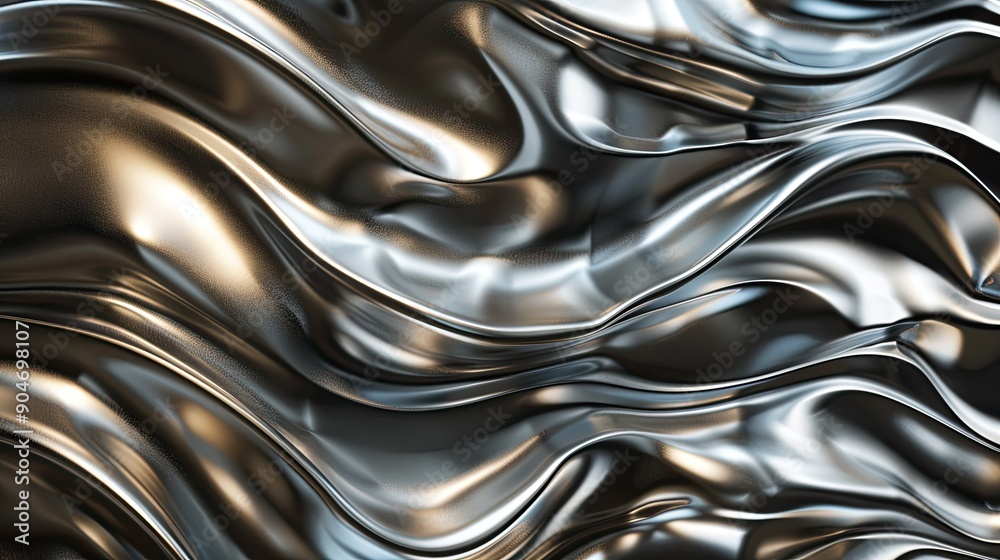 Dynamic 3D waves with a glossy metallic finish, undulating smoothly and reflecting light in a captivating display of abstract art. Dynamic 3D waves with a glossy metallic finish, undulating smoothly and reflecting light in a captivating display of abstract art.