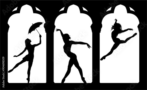 baile, danza, silueta, bailarina, danza ritmica, silueta, deporte, ballet, vector, ballet, movimiento, ventanal, contraluz