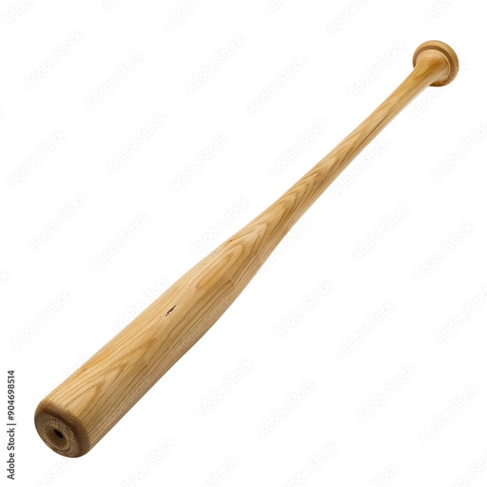 A wooden baseball bat rests flat on a white background, showcasing its smooth finish and craftsmanship, ideal for sports enthusiasts or equipment promotion A wooden baseball bat rests flat on a white background, showcasing its smooth finish and craftsmanship, ideal for sports enthusiasts or equipment promotion