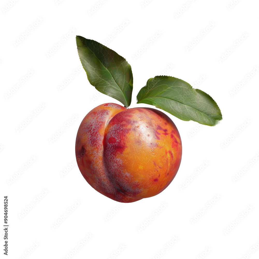 Top view of a fresh nectarine with leaves on a transparent background, with space for text. Flat lay composition Top view of a fresh nectarine with leaves on a transparent background, with space for text. Flat lay composition