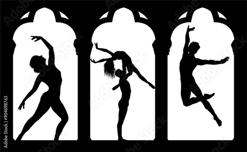 baile, danza, silueta, bailarina, danza ritmica, silueta, deporte, ballet, vector, ballet, movimiento, ventanal, contraluz