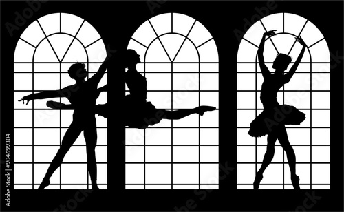 baile, danza, silueta, bailarina, danza ritmica, silueta, deporte, ballet, vector, ballet, movimiento, ventanal, contraluz