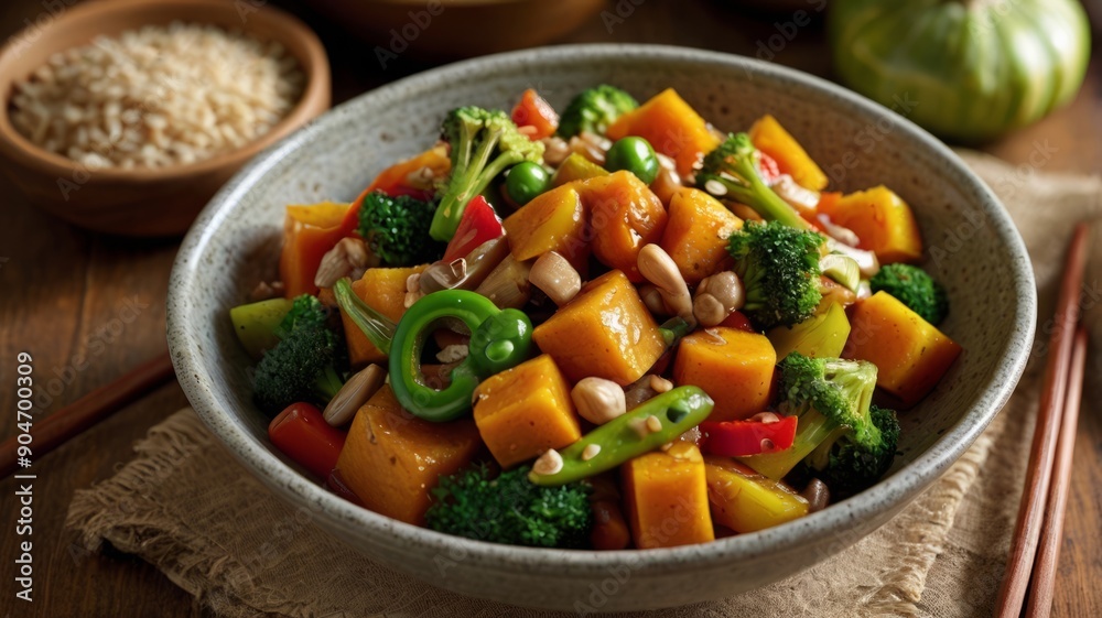 Colorful Pumpkin and Vegetable Stir Fry This dish features colorful chunks of pumpkin stir-fried with bell peppers, broccoli, and peas in a spicy sauce. Serve the vegetable stir fry over brown rice, g Colorful Pumpkin and Vegetable Stir Fry This dish features colorful chunks of pumpkin stir-fried with bell peppers, broccoli, and peas in a spicy sauce. Serve the vegetable stir fry over brown rice, g