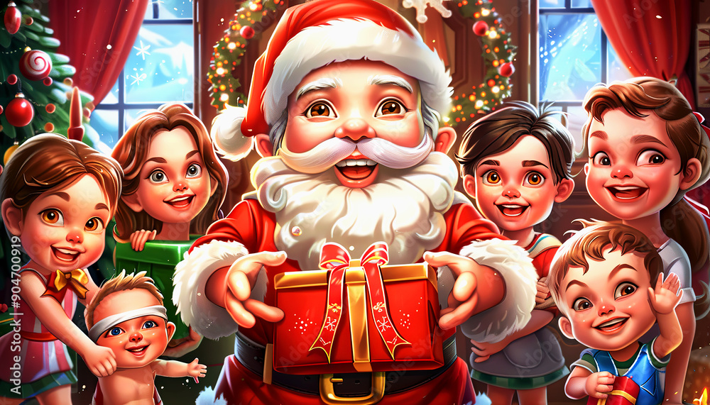 Santa Claus Presenting a Christmas Gift to Children Santa Claus Presenting a Christmas Gift to Children
