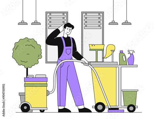 Man tired of cleaning. Young guy in uniform with vacuum cleaner cleaning room. Mental burnout and overload. Overworked person with mop. Linear vector illustration