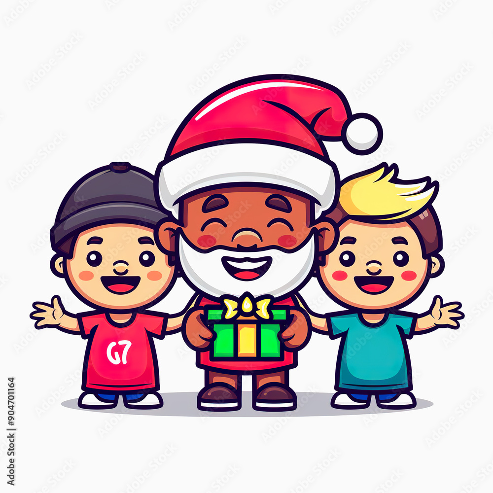 Cartoon Santa Claus Giving Gifts to Two Smiling Boys Cartoon Santa Claus Giving Gifts to Two Smiling Boys