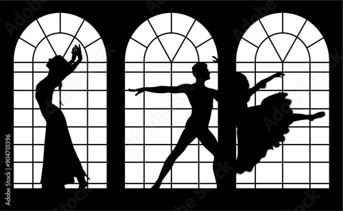 baile, danza, silueta, bailarina, danza ritmica, silueta, deporte, ballet, vector, ballet, movimiento, ventanal, contraluz