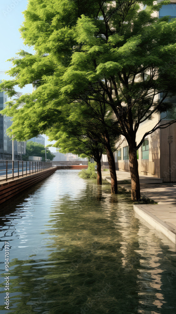 Serene Waterfront Cityscape with Lush Green Trees Serene Waterfront Cityscape with Lush Green Trees