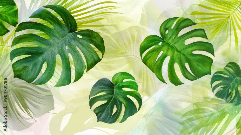Fototapeta premium Tropical Leaf and Floral Pattern Illustration