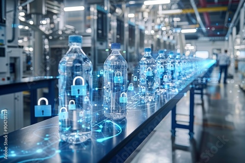 Futuristic water bottles on a production line in a high-tech facility