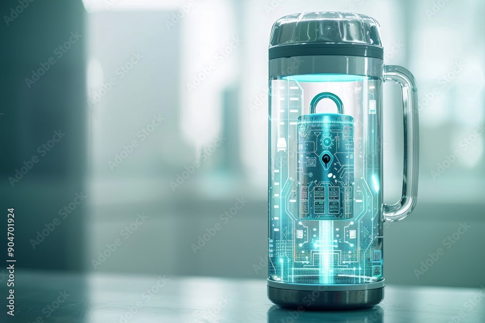 Glass water bottle with a digital padlock embedded in a clear design Glass water bottle with a digital padlock embedded in a clear design