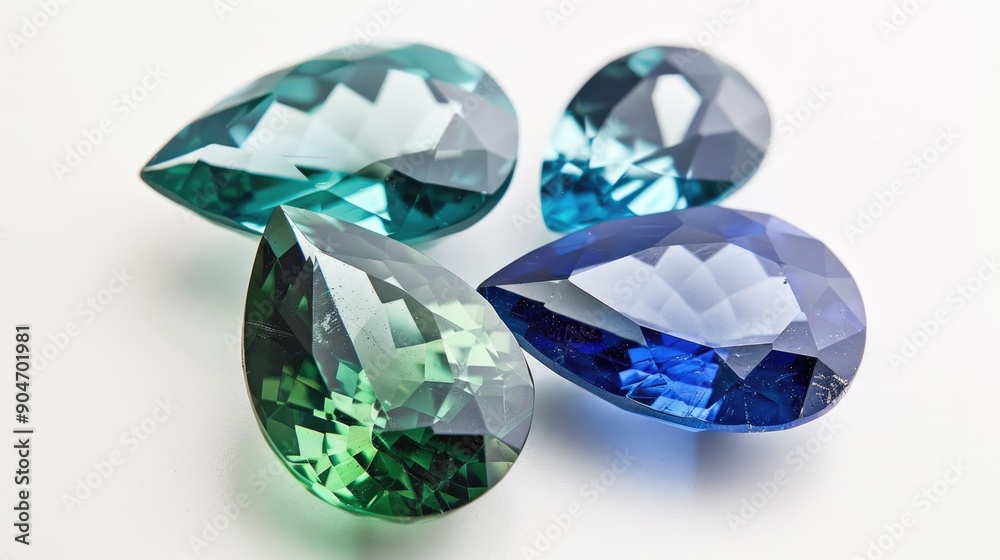 Teal, green, and blue pear-shaped sapphires set against a white background, showcasing their vibrant hues. Teal, green, and blue pear-shaped sapphires set against a white background, showcasing their vibrant hues.