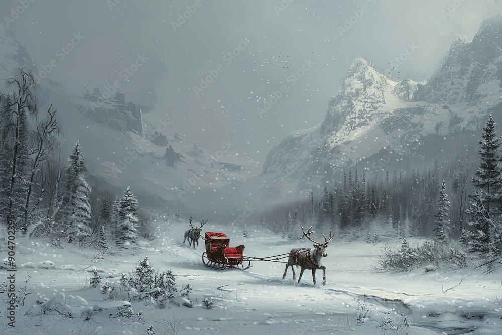 Reindeer pulling Santas sleigh in a snowy landscape Reindeer pulling Santas sleigh in a snowy landscape