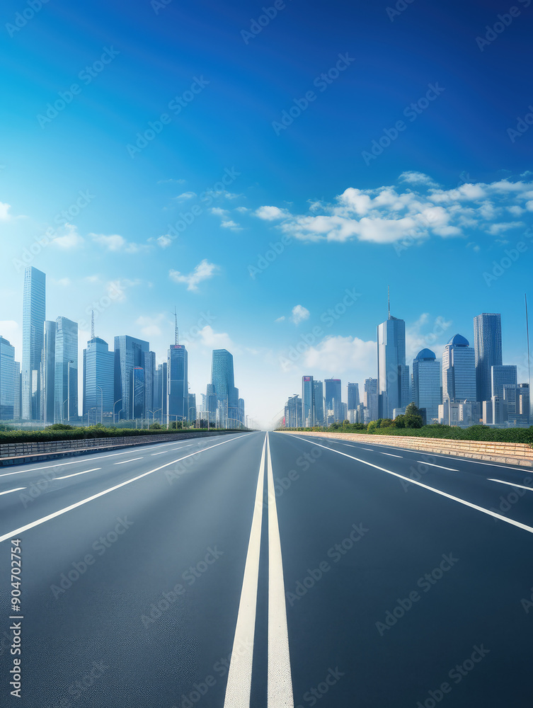 Naklejka premium Urban Escape: City Skyline Along Clear Highway