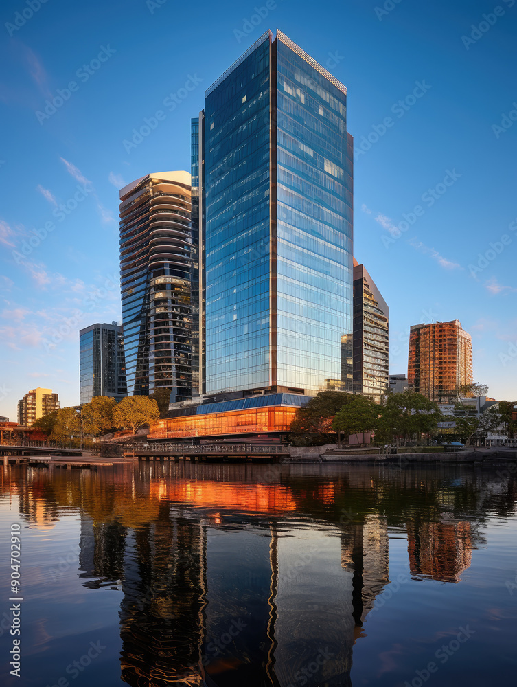Modern City Skyline and Water Reflections at Dusk Modern City Skyline and Water Reflections at Dusk