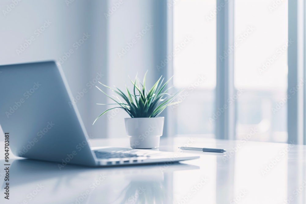 Ultra-sharp image of a simple workspace, sleek laptop, white desk, nothing else, Ultra-sharp image of a simple workspace, sleek laptop, white desk, nothing else,