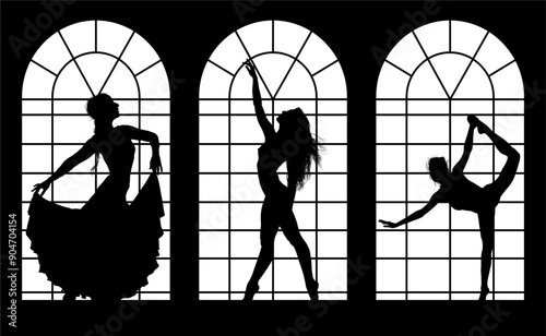 baile, danza, silueta, bailarina, danza ritmica, silueta, deporte, ballet, vector, ballet, movimiento, ventanal, contraluz