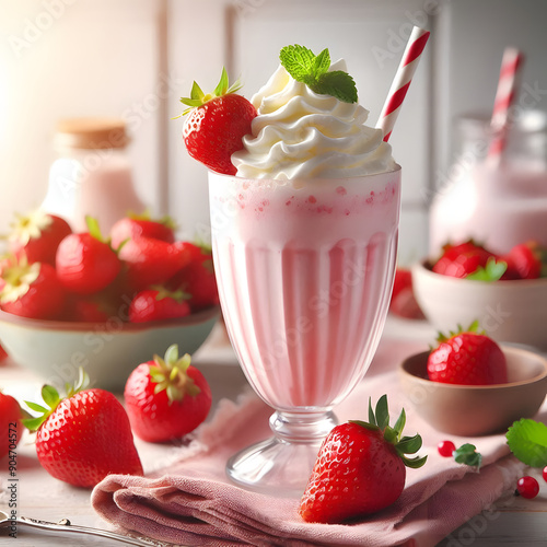 strawberry smoothie milkshake topping with strawberry and whipcream photo