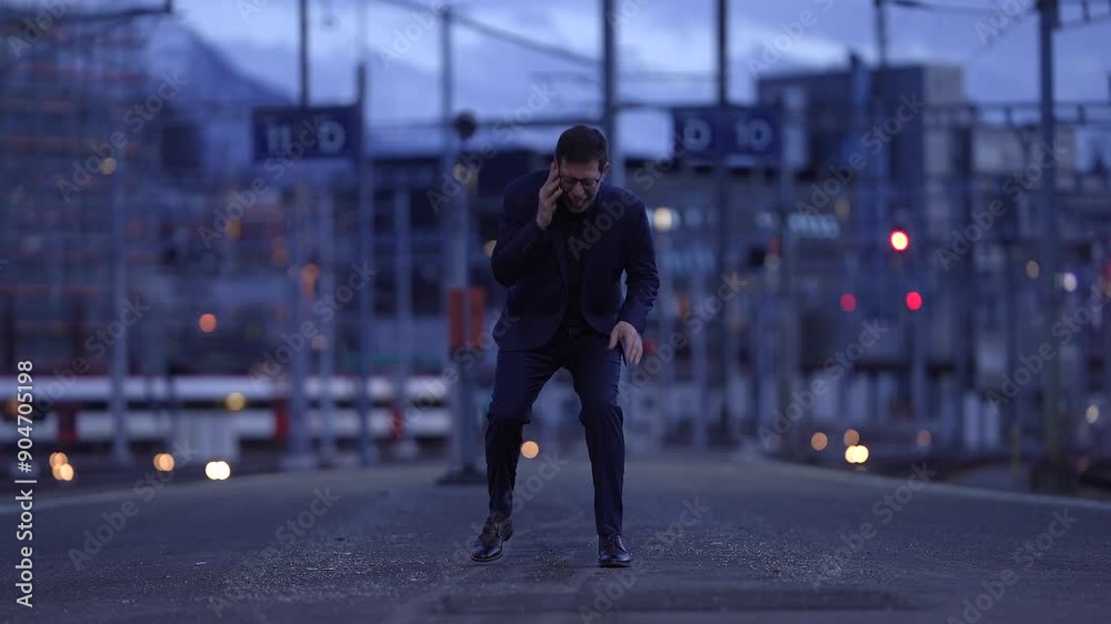 A businessperson is having a phone conversation at a train station during the evening A businessperson is having a phone conversation at a train station during the evening