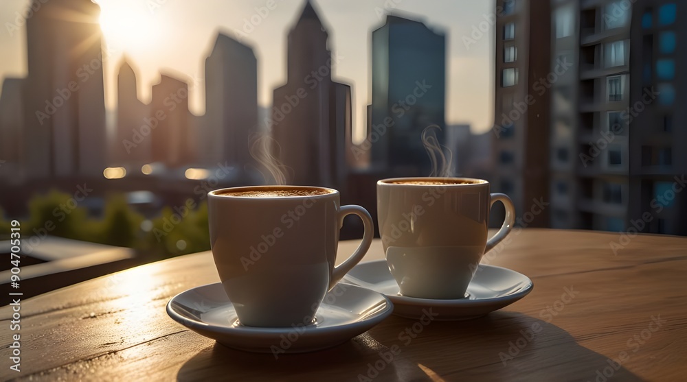Two cups of delicious aromatic coffee against the background of the morning sun and a modern city.generativre.ai