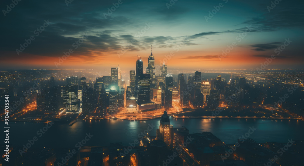 Fototapeta premium Urban Dawn: Majestic City Skyline at Sunset