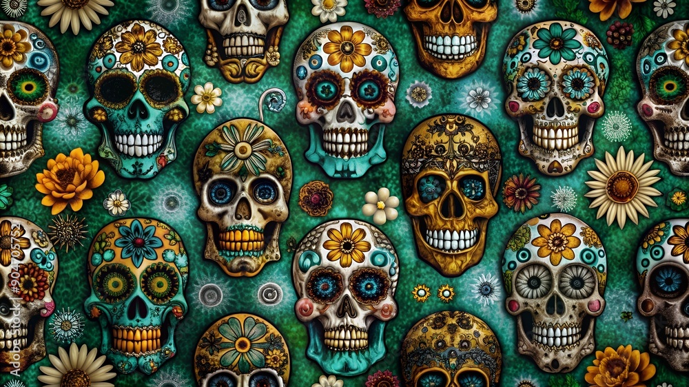 Day of the Dead skulls pattern. Dia de los muertos print. Day of the Dead and Mexican Halloween texture. Mexican tradition festival. Day of the dead sugar skull isolated. Day of the Dead skulls pattern. Dia de los muertos print. Day of the Dead and Mexican Halloween texture. Mexican tradition festival. Day of the dead sugar skull isolated.