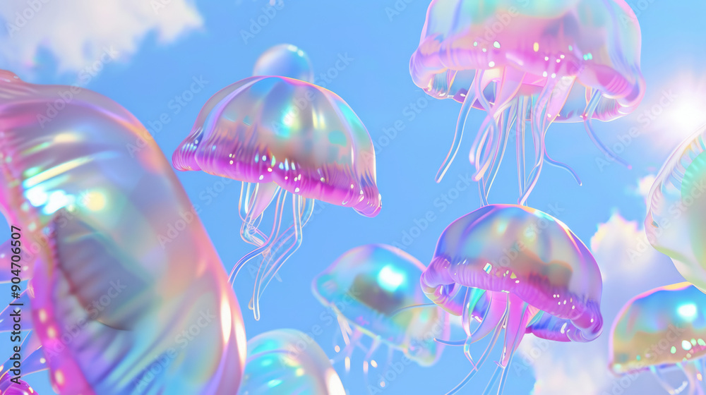 3D colorful glass textured jellyfishes floating in the air with futuristic pop style background 3D colorful glass textured jellyfishes floating in the air with futuristic pop style background