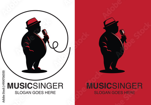 Music Singer Logo Design, Stand up comedian, fat man with hat sing with microphone n his hand 