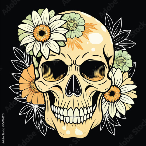 A skull with flowers and a Vintage Halloween Sugar skull T Shirt Design