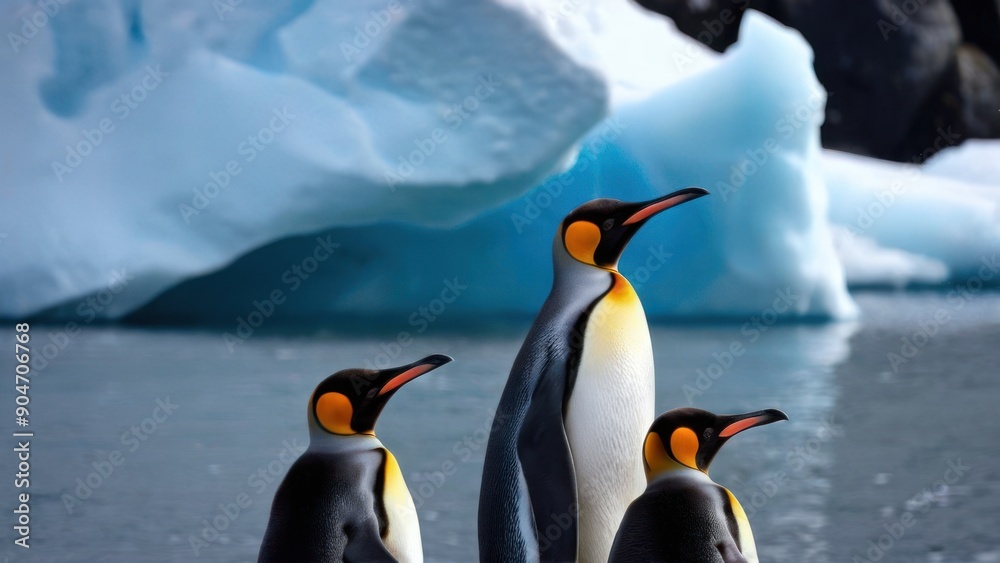 Fototapeta premium a pair of penguins huddled on rocks by a mountain,