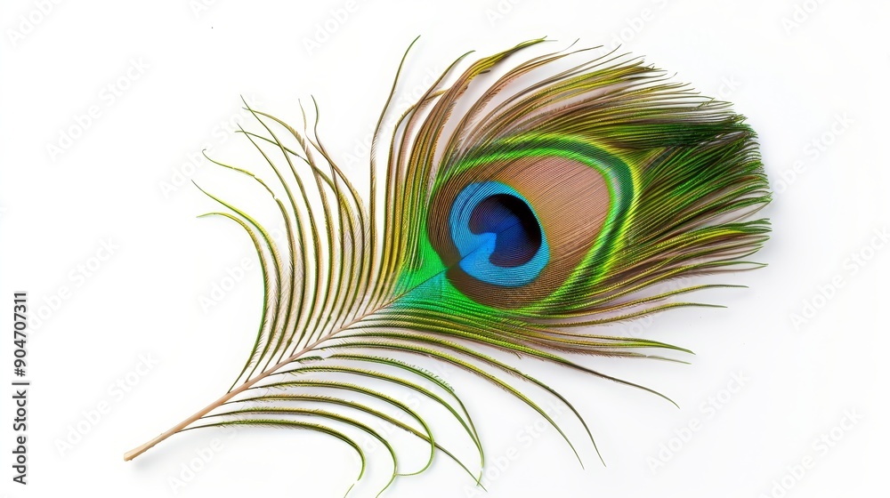 Fototapeta premium Peacock feather with eye pattern, isolated on white, designed with space for text