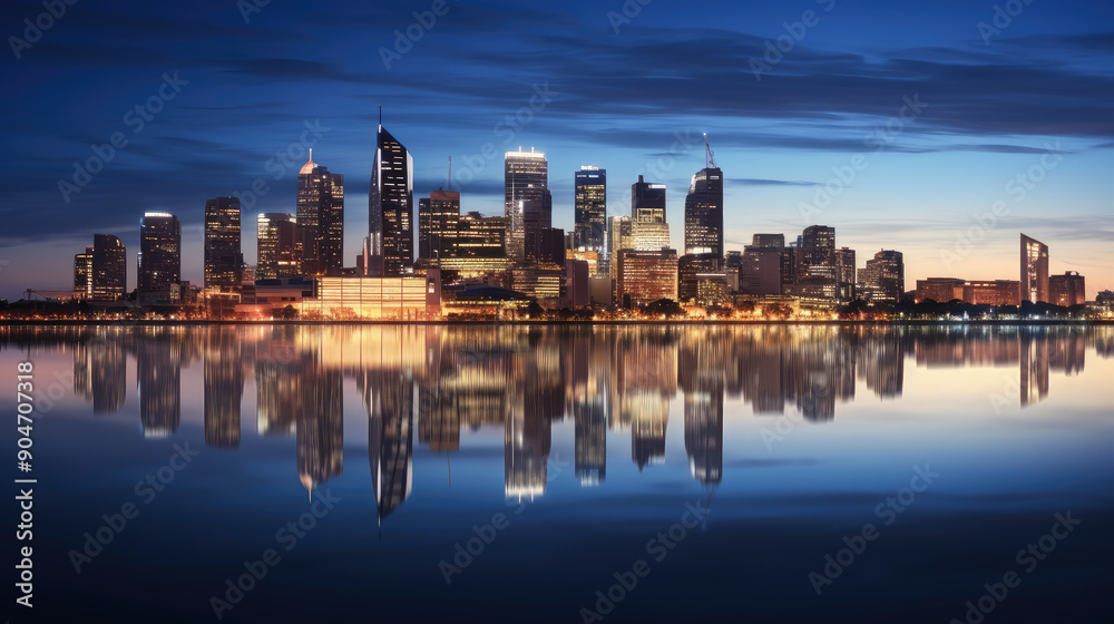 Serene Dusk Cityscape with Reflective Waterfront Serene Dusk Cityscape with Reflective Waterfront