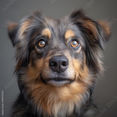 A close-up portrait of a mixed-breed dog with expressive eyes and a fluffy coat.